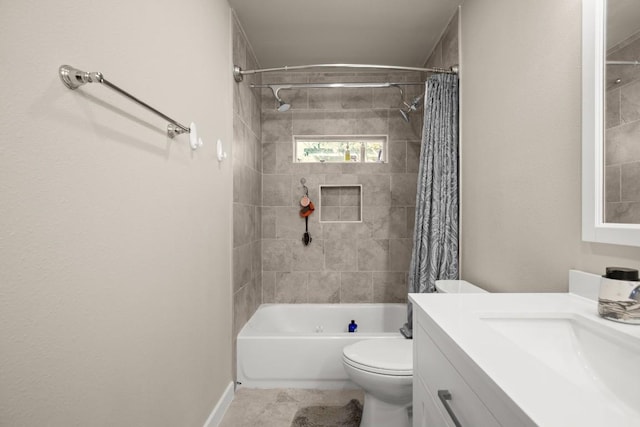 full bathroom featuring vanity, toilet, and shower / bathtub combination with curtain