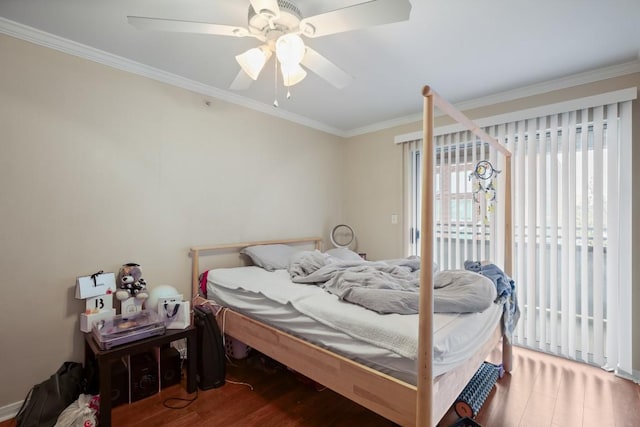 bedroom featuring ceiling fan, ornamental molding, access to exterior, and hardwood / wood-style floors