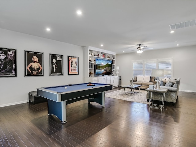 game room featuring ceiling fan, dark hardwood / wood-style floors, and billiards