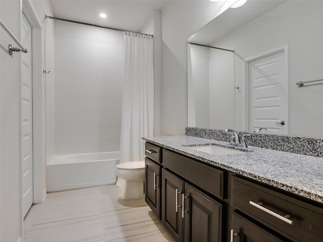 full bathroom featuring tile patterned flooring, vanity, shower / bath combination with curtain, and toilet