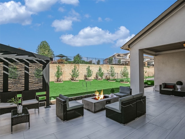 view of patio / terrace featuring an outdoor living space with a fire pit and a pergola