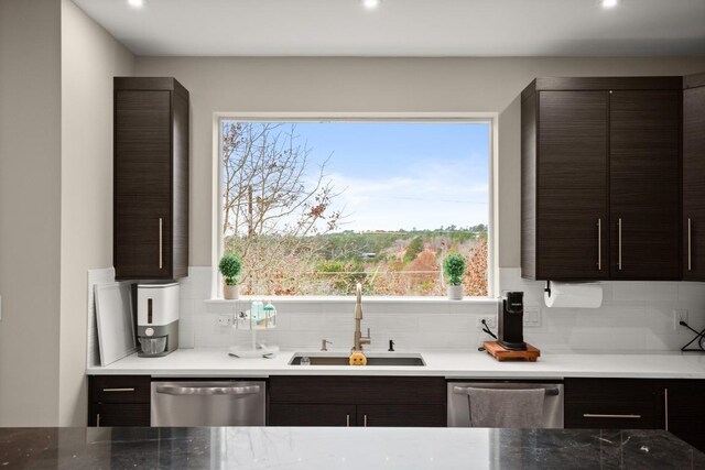 209 Kipahulu Dr, Bastrop, TX 78602 - kitchen with dishwasher, tasteful backsplash, dark brown cabinets, and recessed lighting