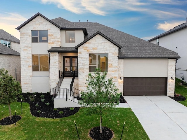 7605 Becasseau Dr, Austin, TX 78738 - french provincial home featuring stone siding, a shingled roof, french doors, and a front lawn