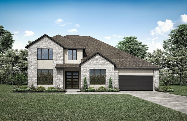 7605 Becasseau Dr, Austin, TX 78738 - view of front of house with stone siding, concrete driveway, a front yard, and a garage