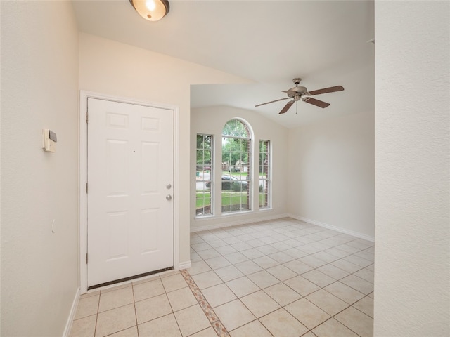 1416 Thibodeaux Dr, Round Rock, TX 78664 - foyer with baseboards, light tile patterned flooring, a ceiling fan, and vaulted ceiling
