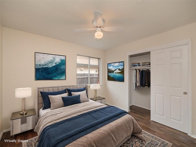 1416 Thibodeaux Dr, Round Rock, TX 78664 - bedroom featuring baseboards, wood finished floors, a closet, and ceiling fan