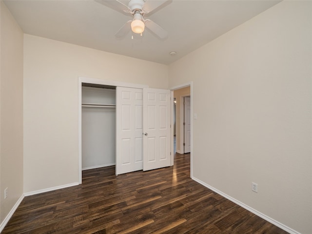1416 Thibodeaux Dr, Round Rock, TX 78664 - unfurnished bedroom featuring dark wood-type flooring, baseboards, a closet, and a ceiling fan