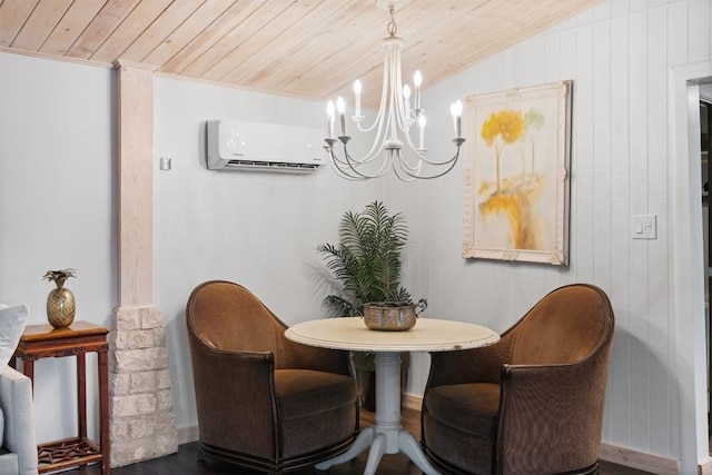 dining area featuring a notable chandelier, a wall mounted air conditioner, vaulted ceiling, and wooden ceiling