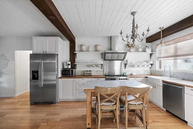 kitchen featuring pendant lighting, sink, white cabinets, stainless steel appliances, and wall chimney exhaust hood