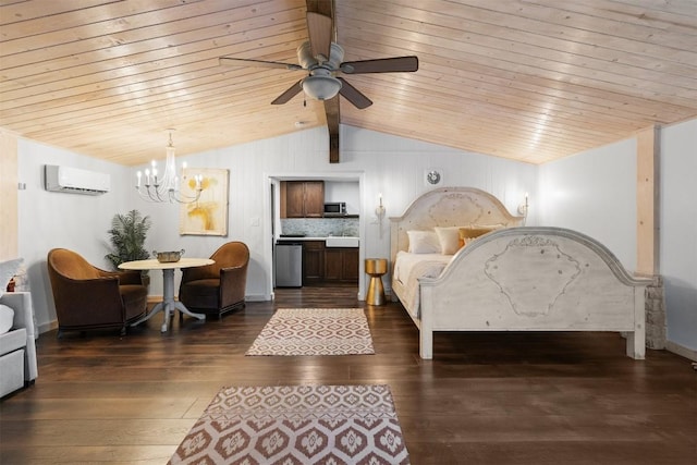 bedroom featuring lofted ceiling, a wall mounted air conditioner, wooden ceiling, and dark hardwood / wood-style flooring