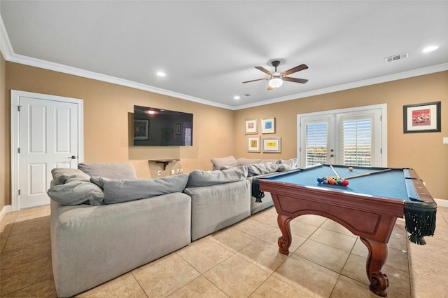 rec room featuring pool table, ornamental molding, french doors, and ceiling fan