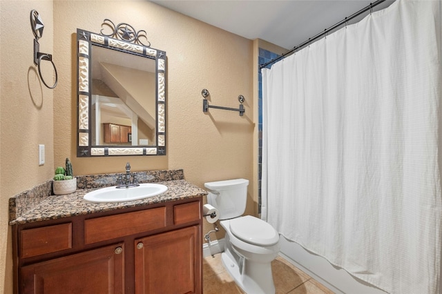 full bathroom with tile patterned flooring, vanity, toilet, and shower / bathtub combination with curtain