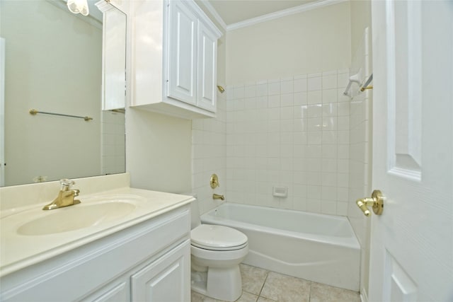 full bathroom with toilet, crown molding, tiled shower / bath, vanity, and tile patterned flooring