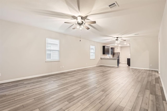 unfurnished living room with light hardwood / wood-style flooring and ceiling fan