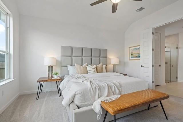 bedroom with light colored carpet and ceiling fan