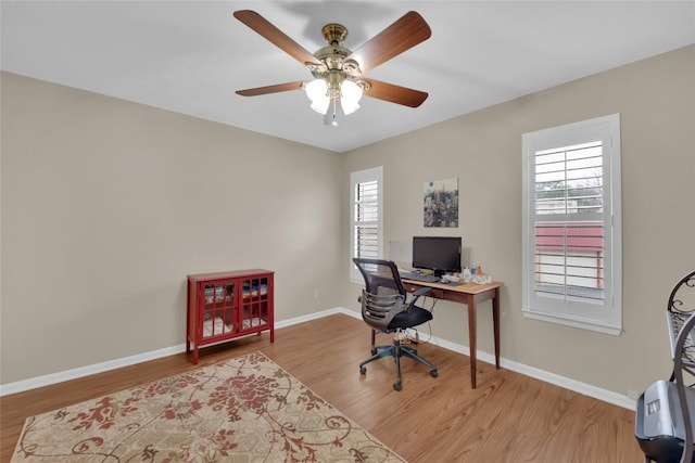 office featuring ceiling fan and light hardwood / wood-style flooring