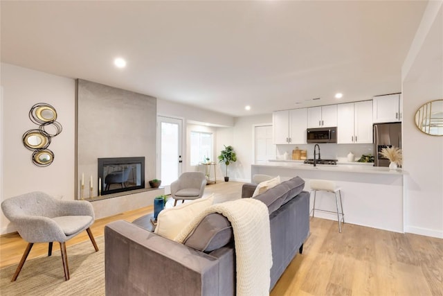 living room featuring light hardwood / wood-style flooring and a fireplace