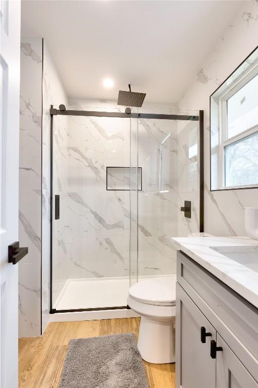 bathroom with vanity, wood-type flooring, a shower with shower door, and toilet