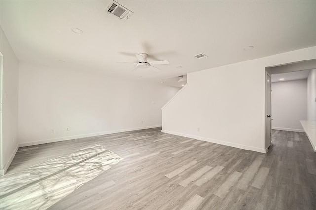 unfurnished living room with ceiling fan and light hardwood / wood-style floors