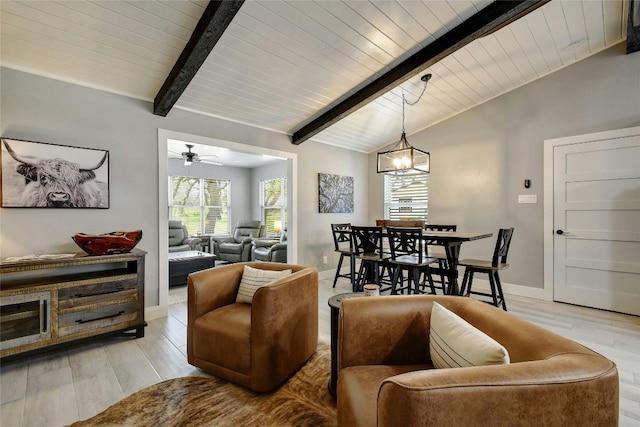 living room featuring ceiling fan, vaulted ceiling with beams, wooden ceiling, and light wood-type flooring