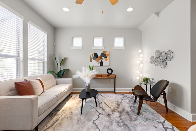 living room with ceiling fan and wood-type flooring