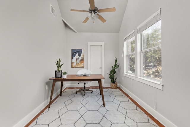 office with vaulted ceiling and ceiling fan