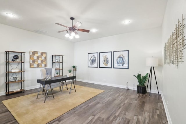 office space with baseboards, recessed lighting, visible vents, dark wood finished floors, and ceiling fan