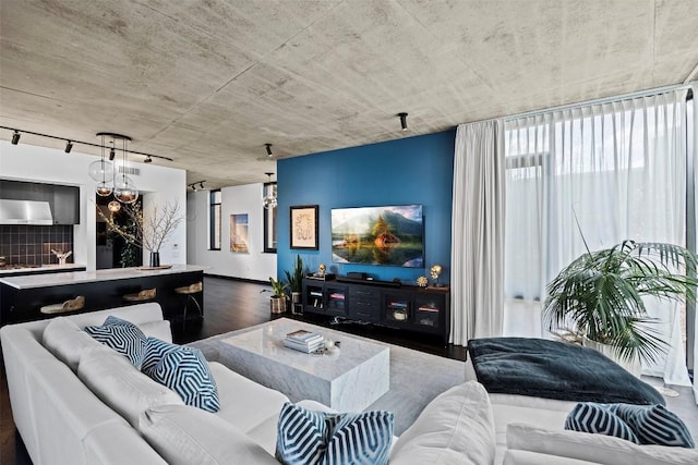 living room with dark wood-type flooring, rail lighting, and an inviting chandelier