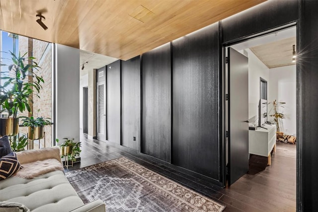 hallway with dark wood-type flooring and wooden ceiling