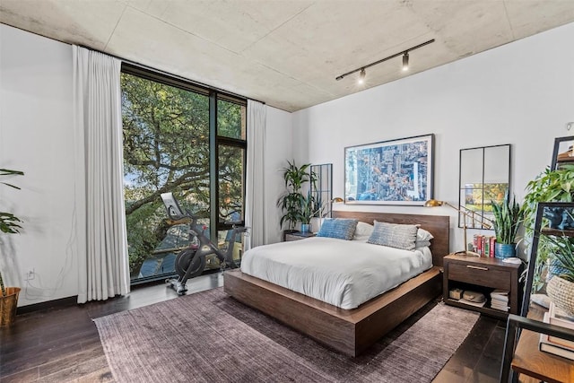 bedroom featuring rail lighting, dark wood-type flooring, and expansive windows