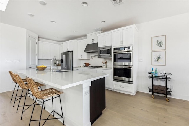 kitchen with stainless steel appliances, sink, a kitchen island with sink, and white cabinets