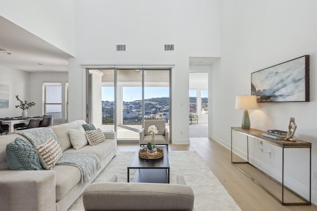 living room featuring a high ceiling and light wood-type flooring