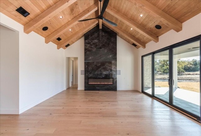 unfurnished living room with beamed ceiling, high vaulted ceiling, wood ceiling, and light wood finished floors