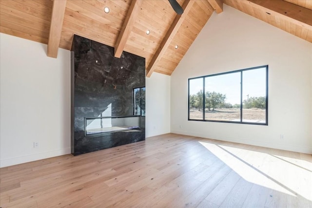 unfurnished living room with high vaulted ceiling, beam ceiling, hardwood / wood-style flooring, and wooden ceiling