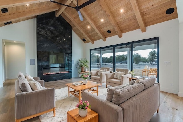 living area with a high end fireplace, wooden ceiling, light wood-type flooring, and high vaulted ceiling