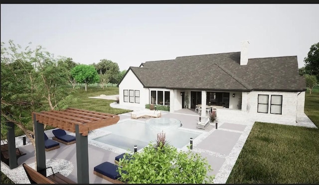 rear view of property with a patio, roof with shingles, an outdoor hangout area, a chimney, and a lawn