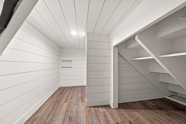 interior space with wood-type flooring, wooden walls, and wood ceiling