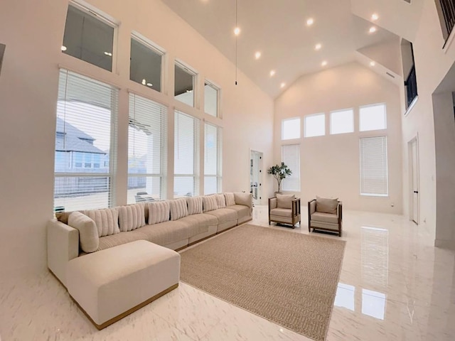 living room featuring high vaulted ceiling