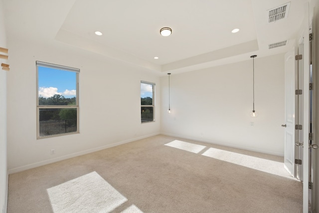 carpeted empty room featuring a tray ceiling