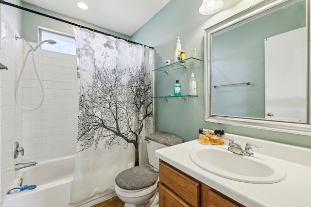 full bathroom with shower / bathtub combination with curtain, vanity, and toilet