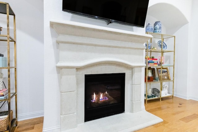 room details with hardwood / wood-style flooring and a fireplace