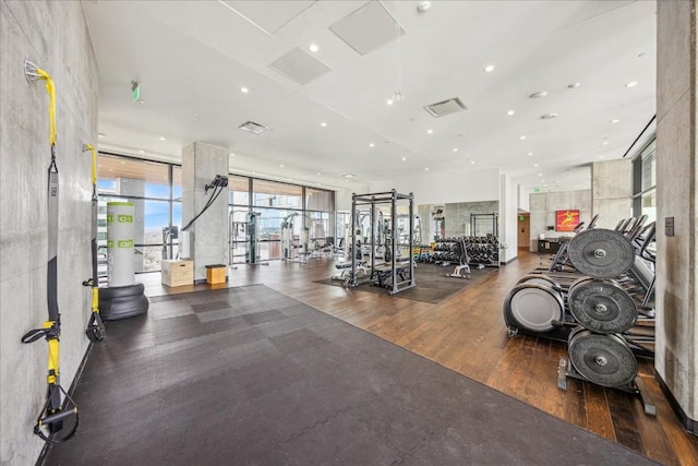 workout area with dark wood-type flooring and expansive windows