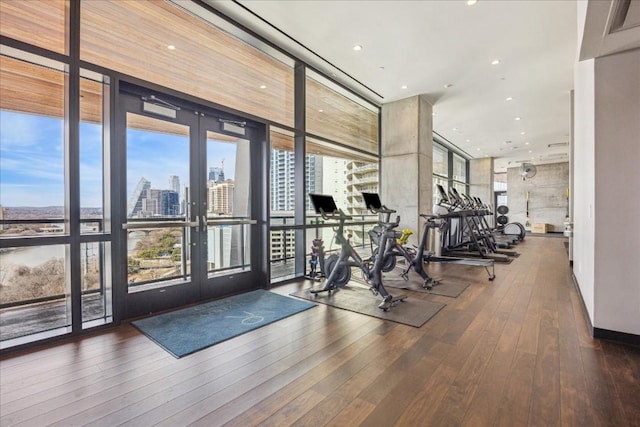 exercise room with dark hardwood / wood-style floors, a wealth of natural light, and a wall of windows