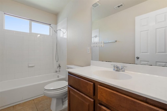 full bathroom featuring tile patterned flooring, vanity, toilet, and tiled shower / bath