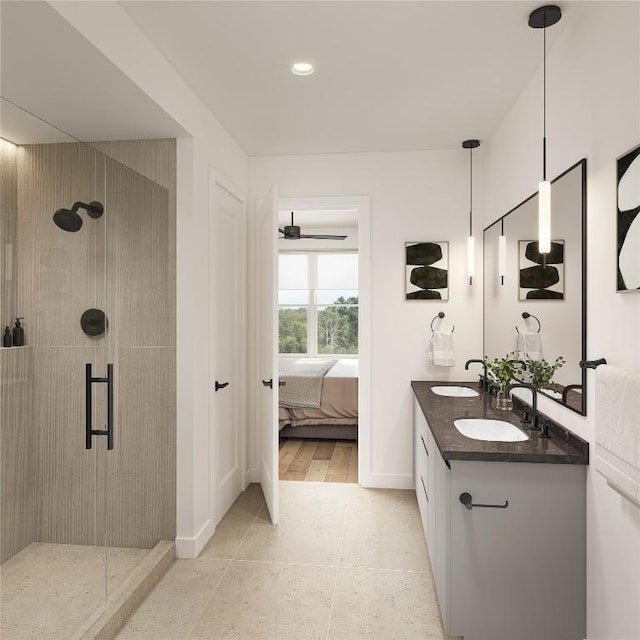 bathroom featuring vanity, tile patterned floors, and walk in shower