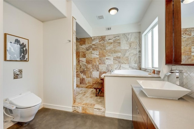 full bathroom featuring sink, backsplash, toilet, and separate shower and tub