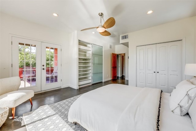 bedroom featuring french doors, ceiling fan, access to exterior, and a closet