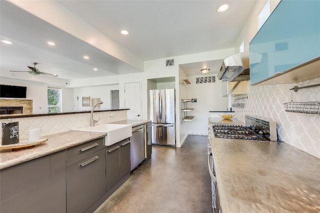 kitchen featuring sink, ceiling fan, appliances with stainless steel finishes, ventilation hood, and decorative backsplash