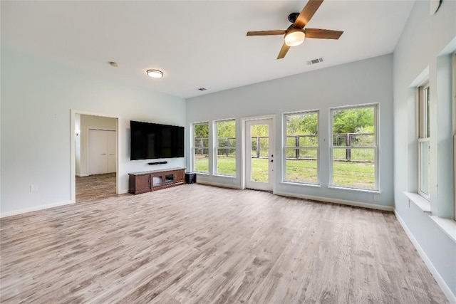 unfurnished living room featuring ceiling fan and light hardwood / wood-style floors