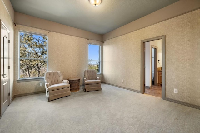 sitting room with light colored carpet